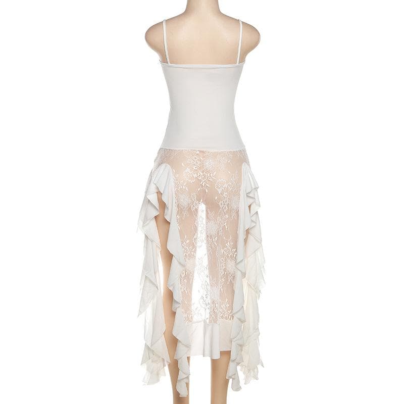 Square-Neck Lace Strappy Mini Dress with Panel Details