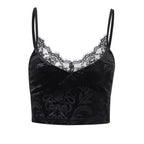 V-Neck Velvet Strappy Cami Top with Lace Details