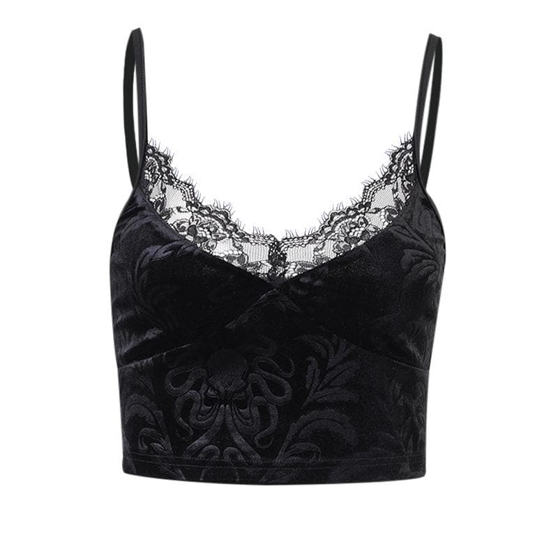 V-Neck Velvet Strappy Cami Top with Lace Details