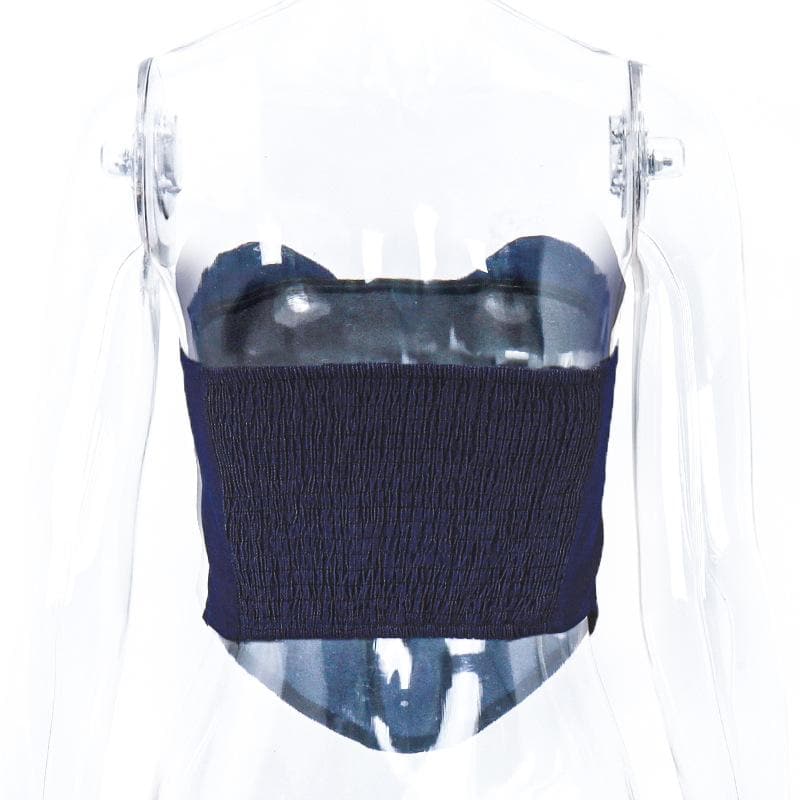 Denim Strapless Open-Back Top with Panel Details