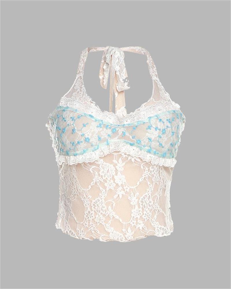 Blue Strappy Cami Top with Lace Details