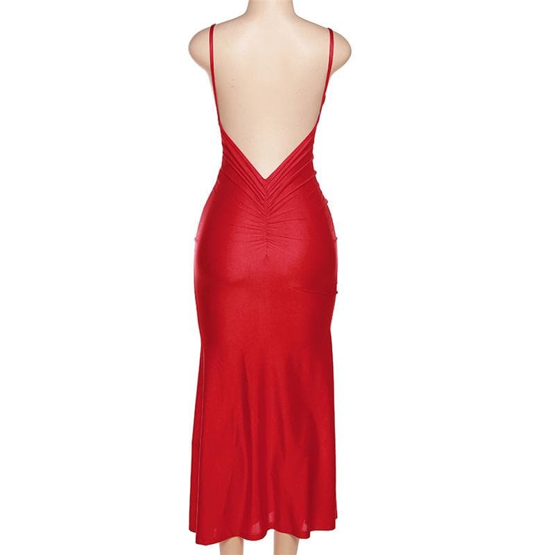 V-Neck Strappy Open-Back Maxi Dress with Ruched Details