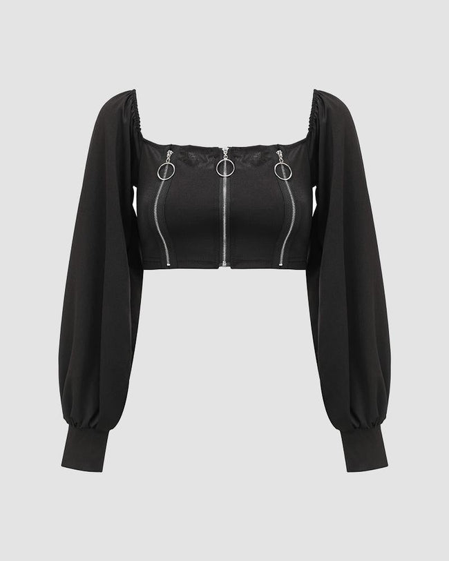Cropped Long-Sleeve Crop Top with a Front Zip Main image