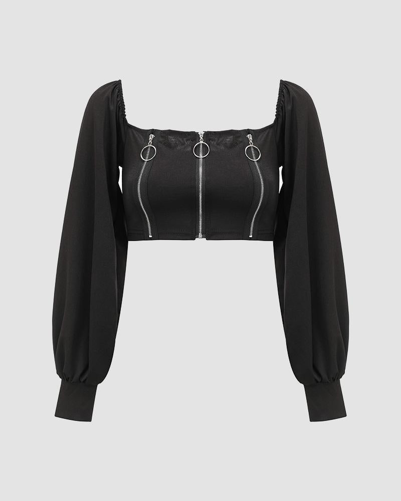 Cropped Long-Sleeve Crop Top with a Front Zip