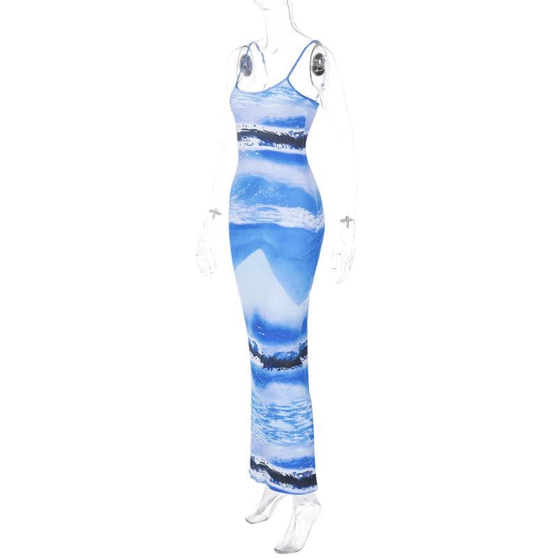 Printed Scoop-Neck Ribbed Maxi Dress with an Open Back