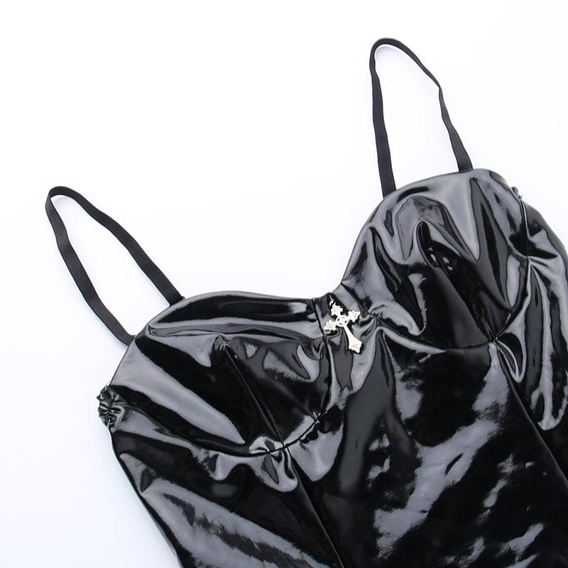 Sweetheart-Neck Faux-Leather Strappy Mini Dress