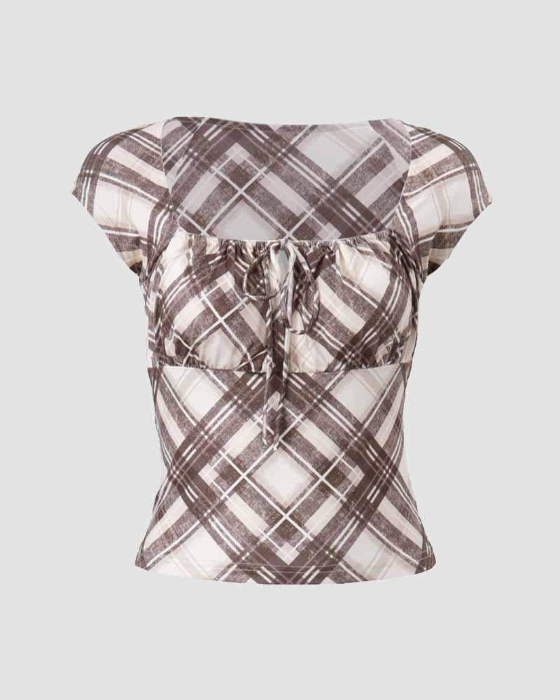 Gingham Square-Neck Short-Sleeve Top