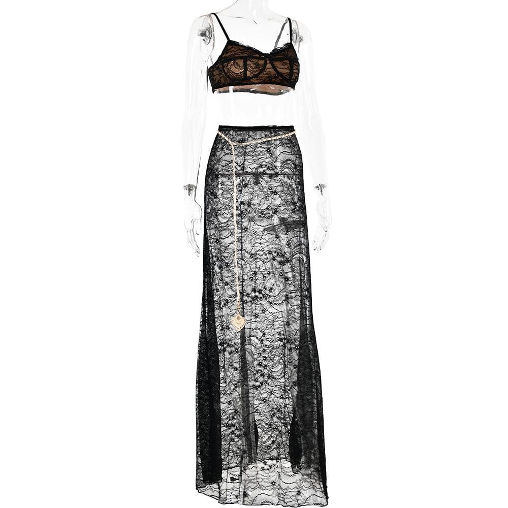 Lace Strappy Sheer Top & Skirt Set with a V-Neck