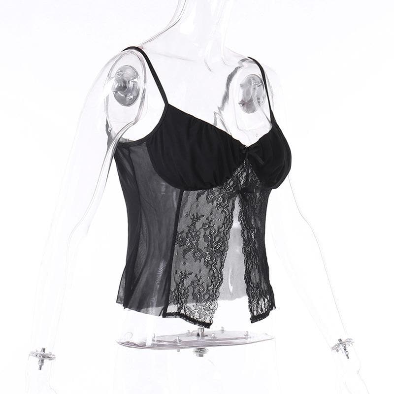 V-Neck Strappy Cropped Cami Top with Lace Details