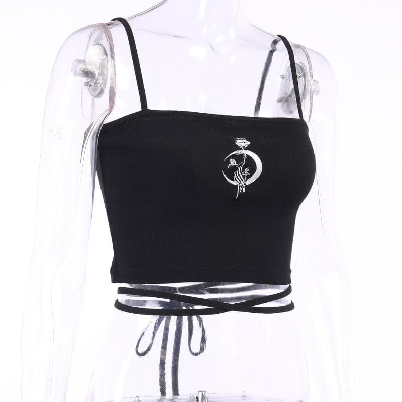 Ribbed Strappy Cropped Cami Top with Embroidery