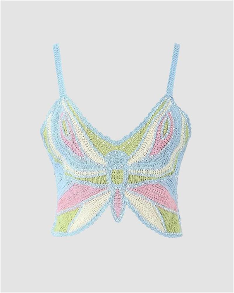 Crochet Strappy Cami Top with Butterfly Details