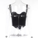 Sweetheart-Neck Faux-Leather Strappy Cami Top with a Front Zip