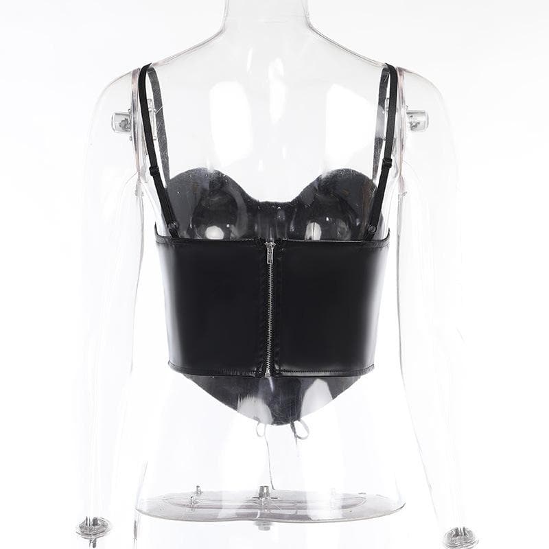 Sweetheart-Neck Faux-Leather Strappy Cami Top with a Front Zip