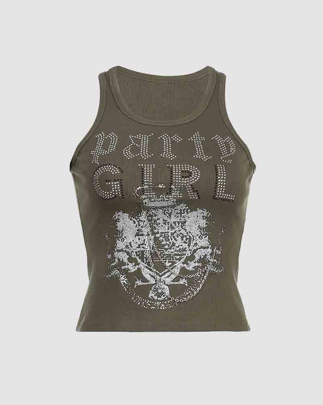 Rhinestone Cropped Tank Top with Lettering Details Main image