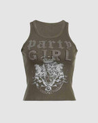 Rhinestone Cropped Tank Top with Lettering Details