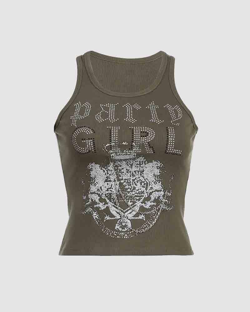 Rhinestone Cropped Tank Top with Lettering Details