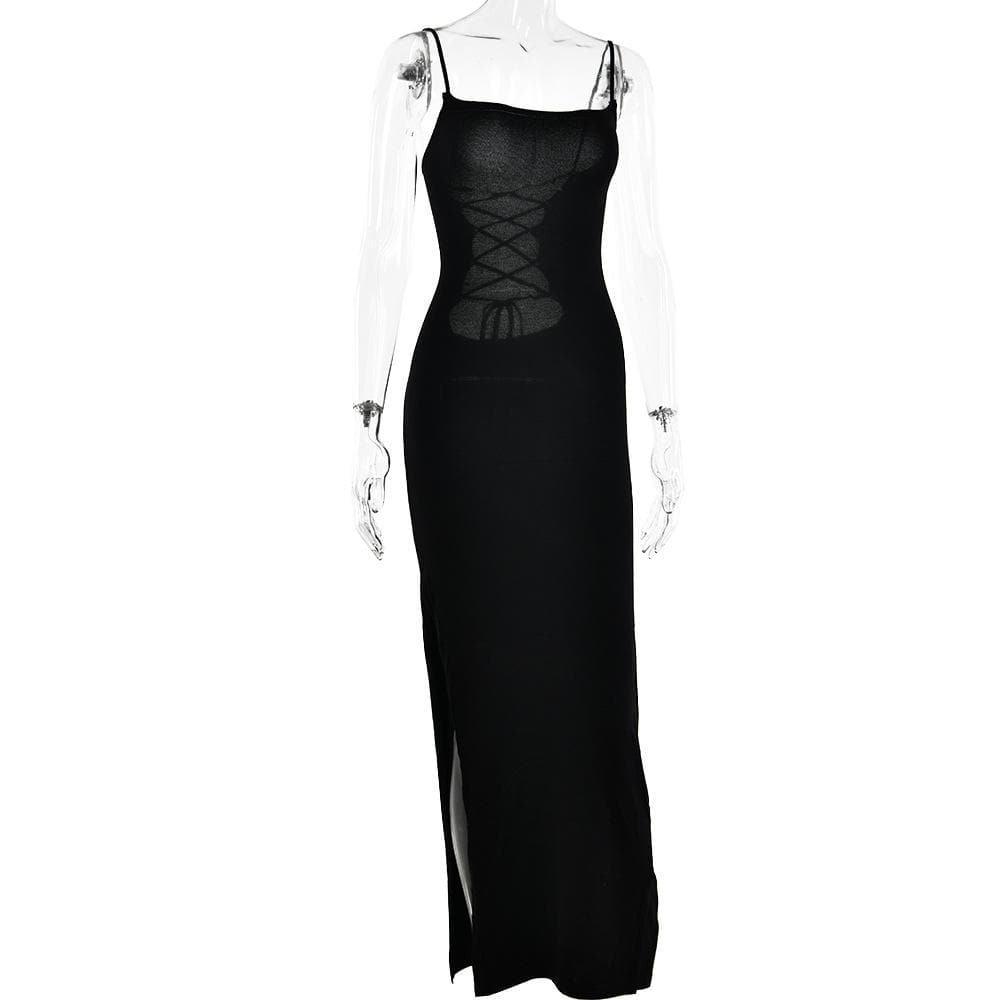 Square-Neck Strappy Open-Back Maxi Dress with a Split Detail
