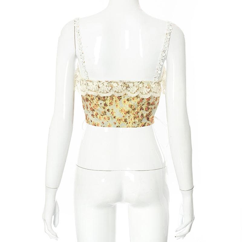 Floral Lace Ruffled Corset Top with Lace-Up Details