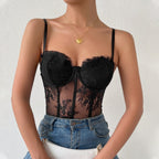 Sweetheart-Neck Lace Corset-Style Cami Top with Embroidery