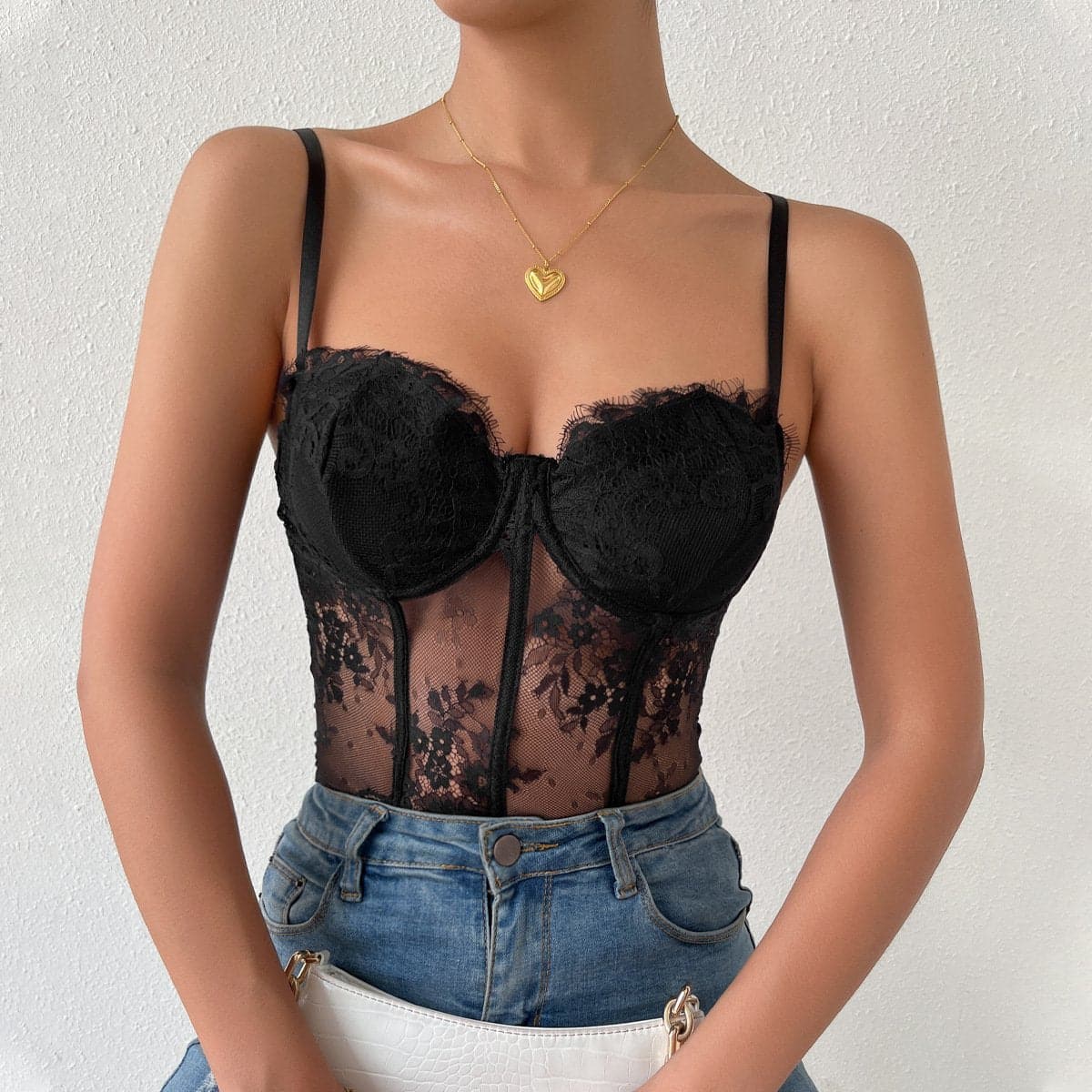 Sweetheart-Neck Lace Corset-Style Cami Top with Embroidery