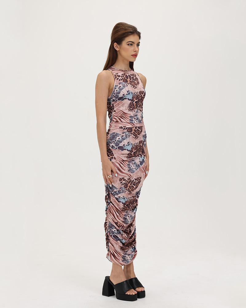 Ruched Long-Sleeve Tank Dress with Butterfly Details