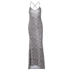 Snake-Print Scoop-Neck Strappy Maxi Dress with Cross-Back Straps