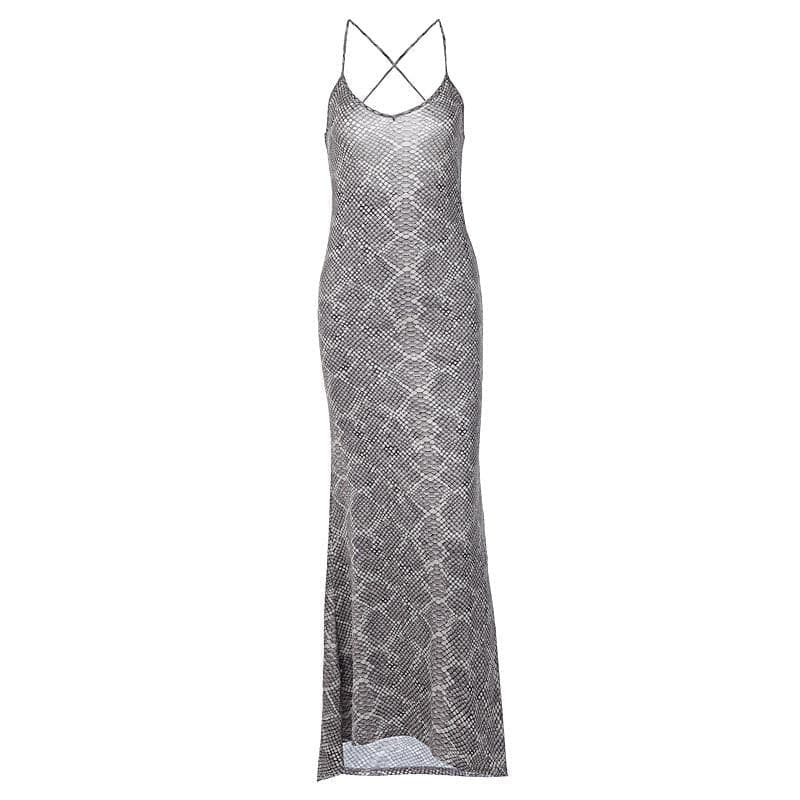 Snake-Print Scoop-Neck Strappy Maxi Dress with Cross-Back Straps