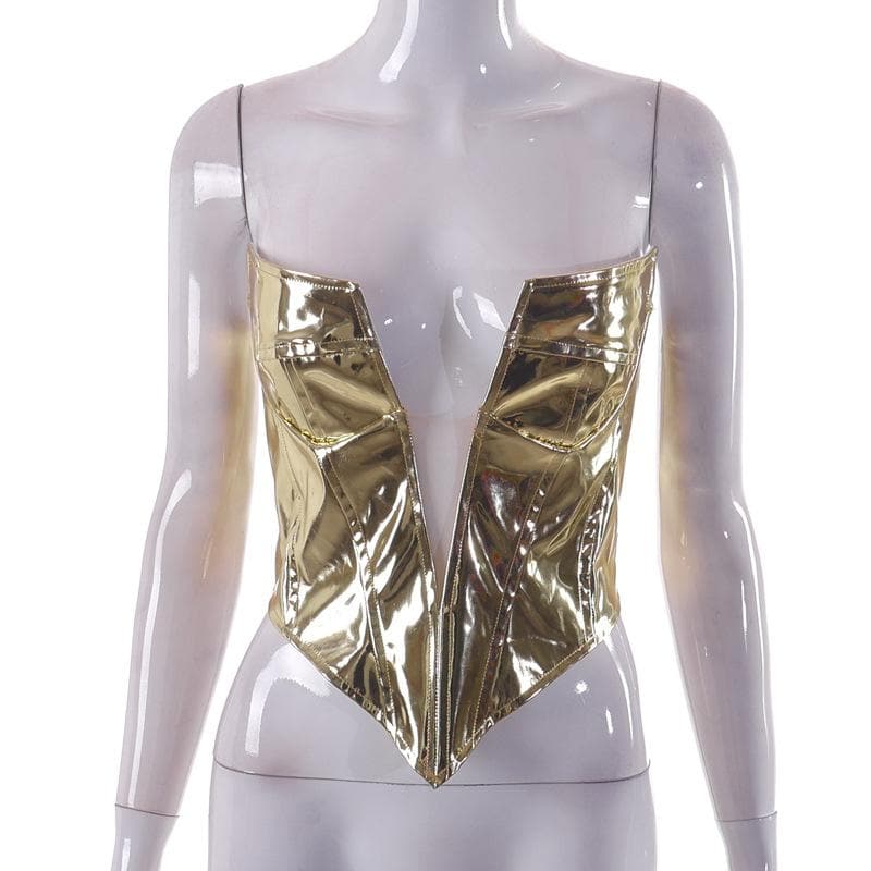 Strapless Open-Back Zip-Front Corset Top with a V-Neck