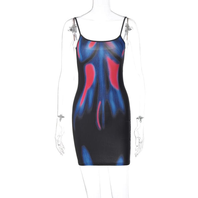 Printed Strappy Open-Back Mini Dress with a Scoop Neck