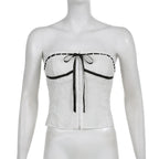 Strapless Open-Back Contrast-Detail Top with Button Details