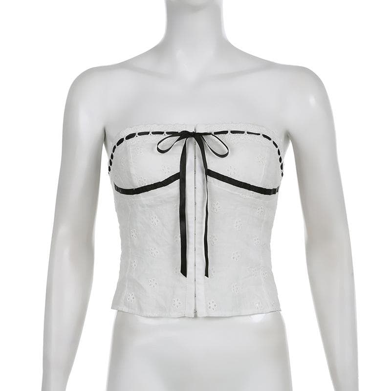 Strapless Open-Back Contrast-Detail Top with Button Details