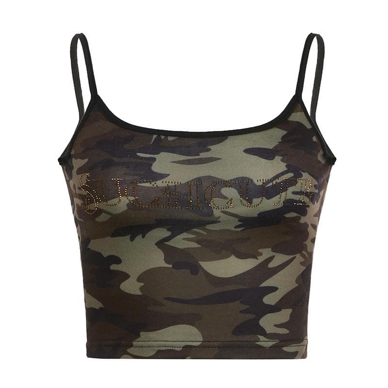 Camo-Print Strappy Cropped Cami Top with a Scoop Neck