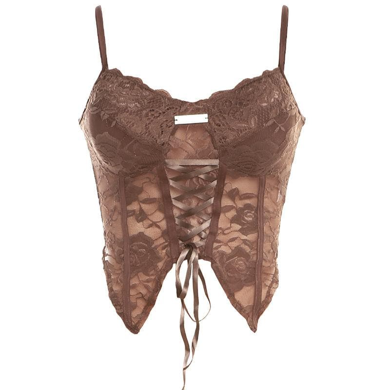 Open-Back Strappy Lace Cami Top with Lace-Up Details
