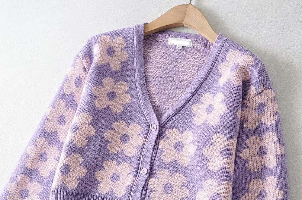 Floral Knit Button-Detail Cardigan with a V-Neck