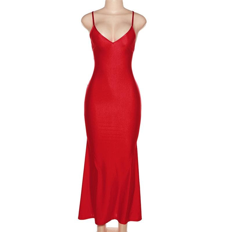 V-Neck Strappy Open-Back Maxi Dress with Ruched Details