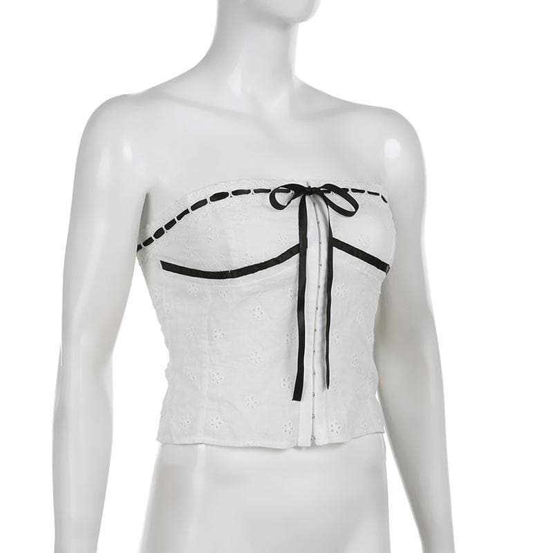 Strapless Open-Back Contrast-Detail Top with Button Details