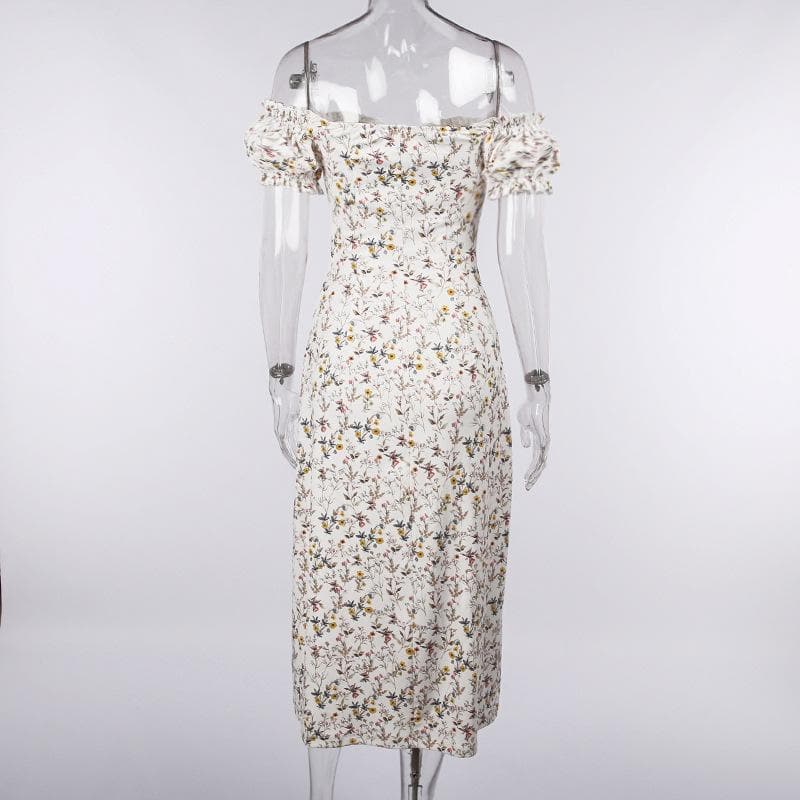 Floral Off-Shoulder Puff-Sleeve Midi Dress with Ruched Details
