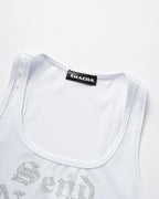 Lettered Strappy Tank Top with Rhinestone Accents