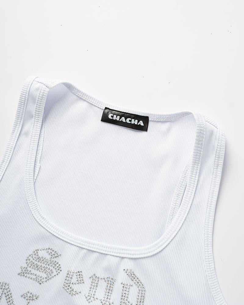 Lettered Strappy Tank Top with Rhinestone Accents