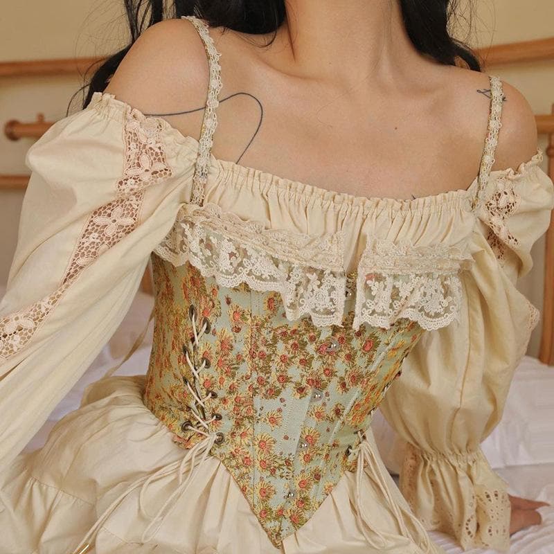 Floral Lace Ruffled Corset Top with Lace-Up Details