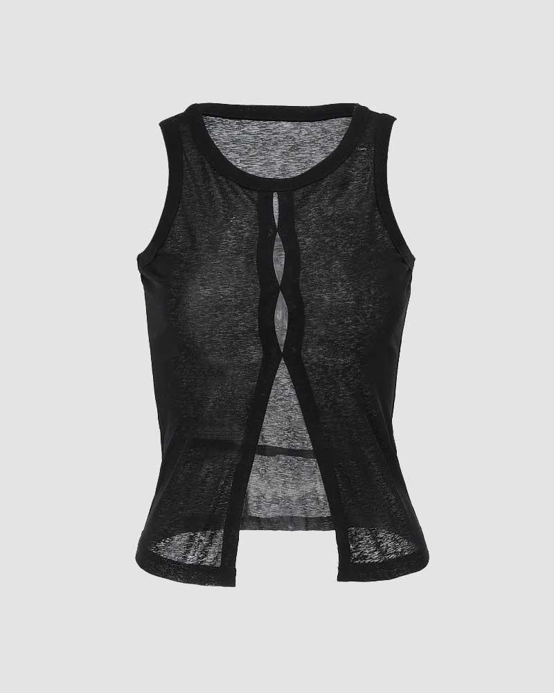 Slit-Detail Mesh Button-Detail Top