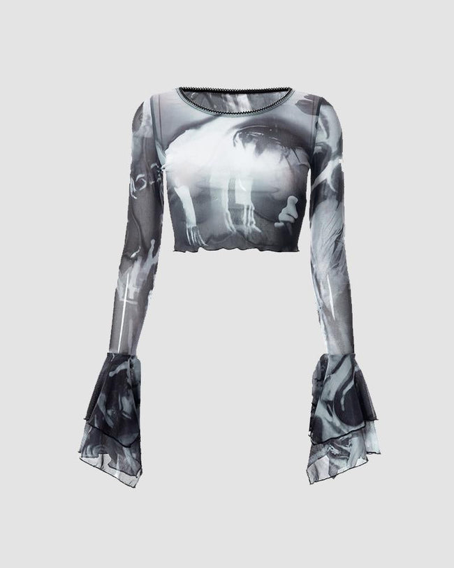 Eye-Graphic Ruffled Mesh Top Main image