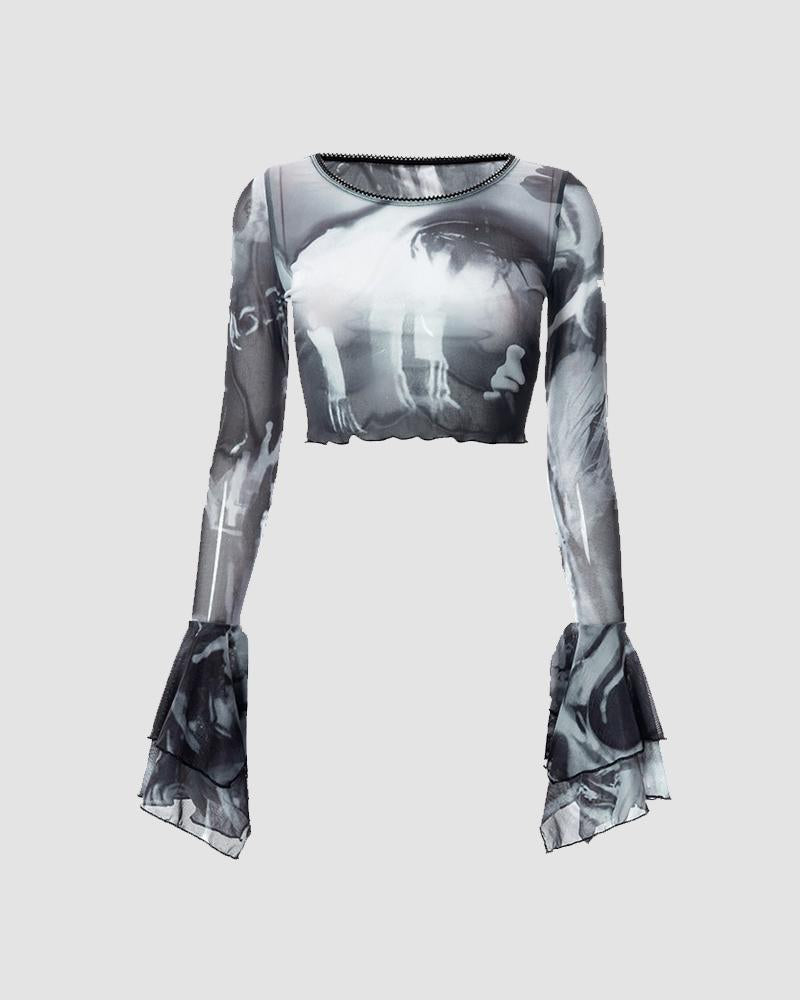 Eye-Graphic Ruffled Mesh Top