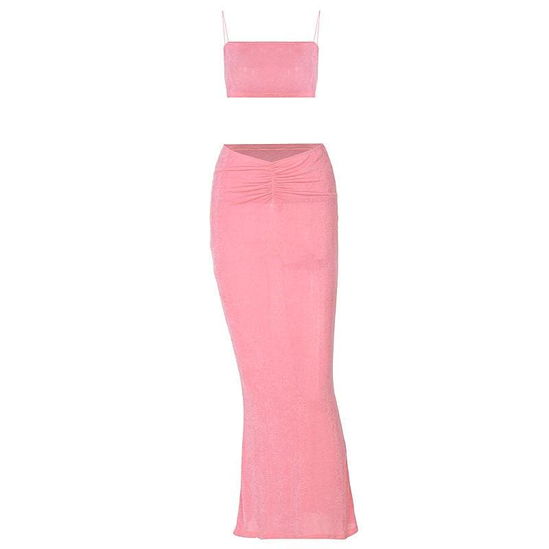Square-Neck Spaghetti-Strap Top & Skirt Set with Ruched Details