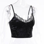 V-Neck Velvet Strappy Cami Top with Lace Details