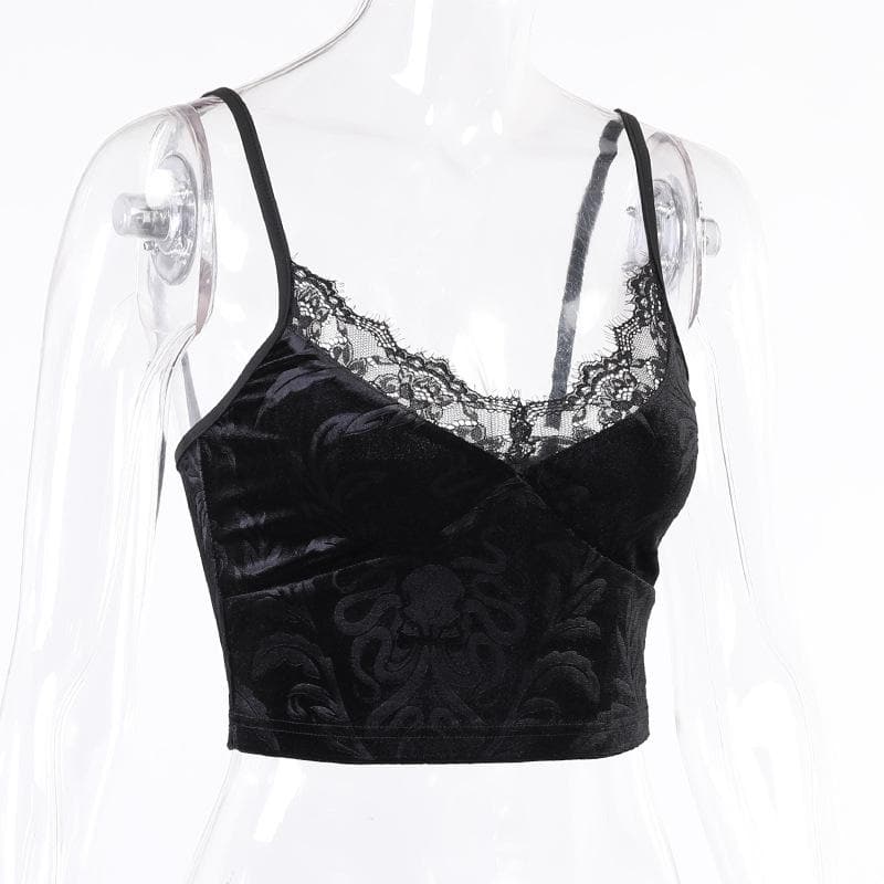 V-Neck Velvet Strappy Cami Top with Lace Details