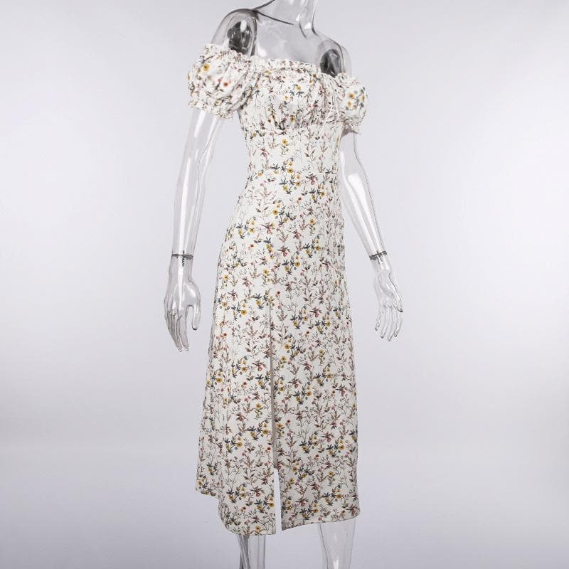 Floral Off-Shoulder Puff-Sleeve Midi Dress with Ruched Details