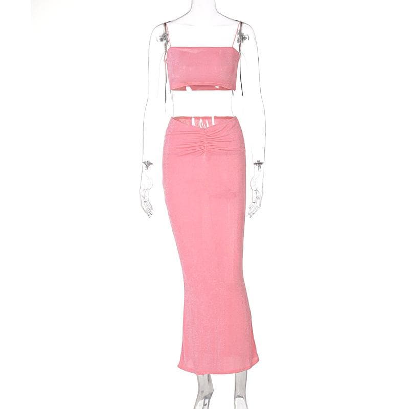 Square-Neck Spaghetti-Strap Top & Skirt Set with Ruched Details