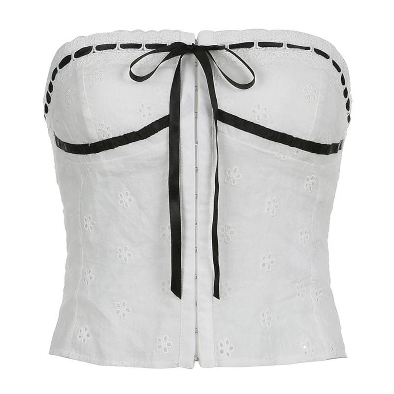Strapless Open-Back Contrast-Detail Top with Button Details