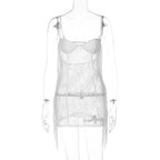 Lace Strappy Open-Back Mini Dress with Fringe Details